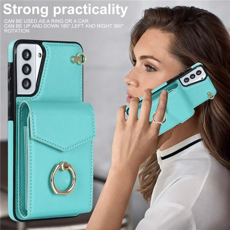 For Samsung Galaxy S21+ 5G PU+TPU Cover Accordion Card Bag Cell Phone Case with Strap