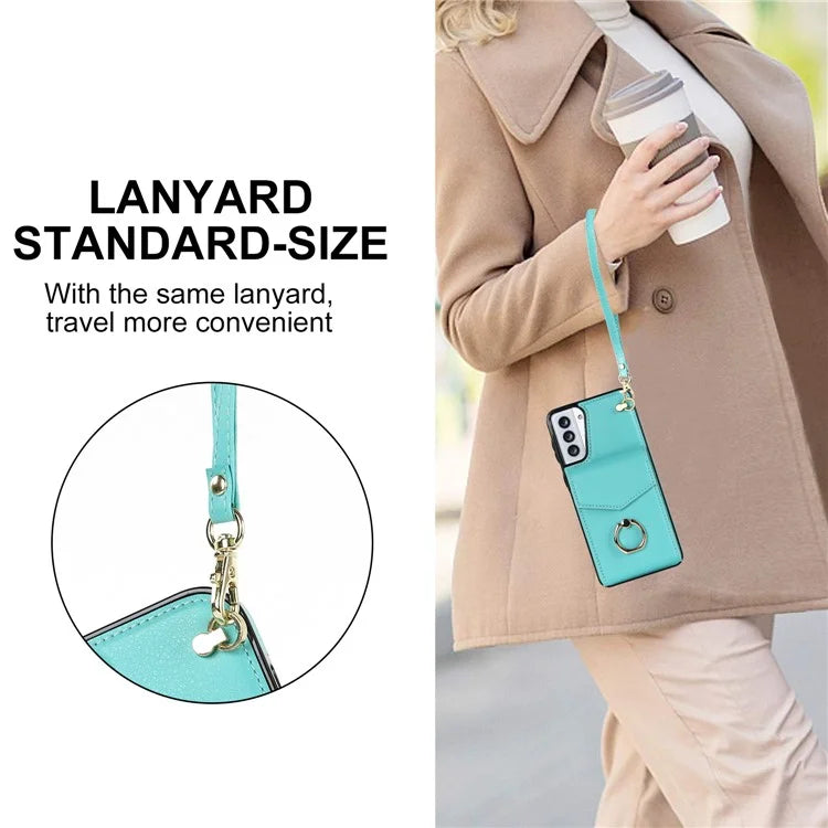 For Samsung Galaxy S21+ 5G PU+TPU Cover Accordion Card Bag Cell Phone Case with Strap