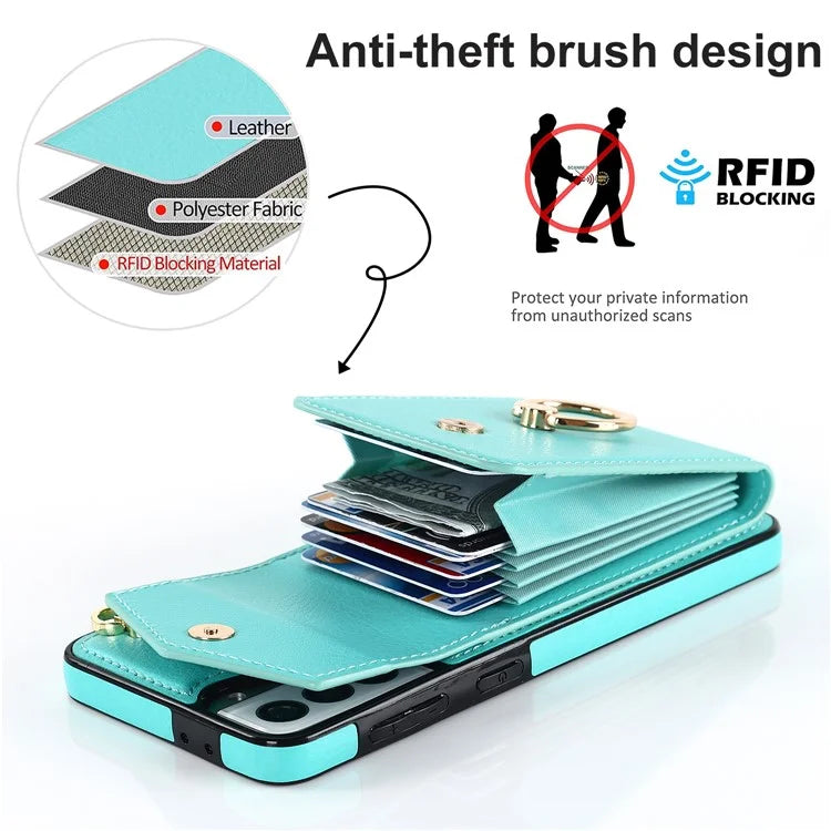 For Samsung Galaxy S21+ 5G PU+TPU Cover Accordion Card Bag Cell Phone Case with Strap