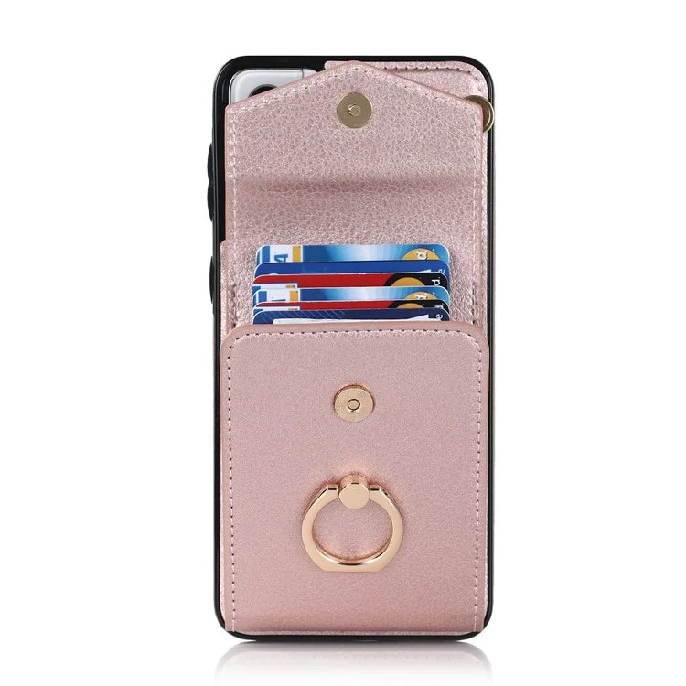 For Samsung Galaxy S21+ 5G PU+TPU Cover Accordion Card Bag Cell Phone Case with Strap