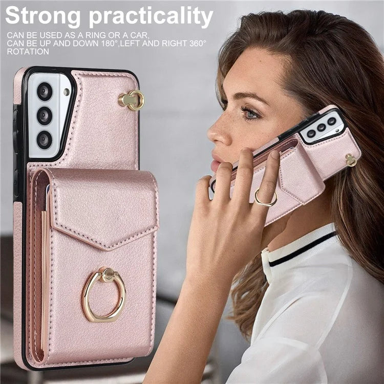 For Samsung Galaxy S21+ 5G PU+TPU Cover Accordion Card Bag Cell Phone Case with Strap