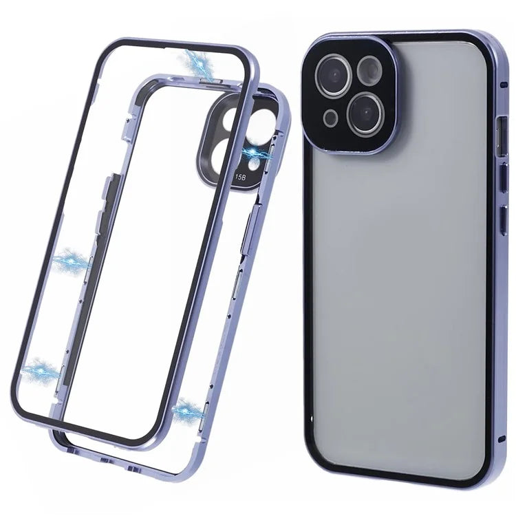 For iPhone 15 Plus Phone Case 360-Degree Double-Sided Protection Tempered Glass with Safety Lock