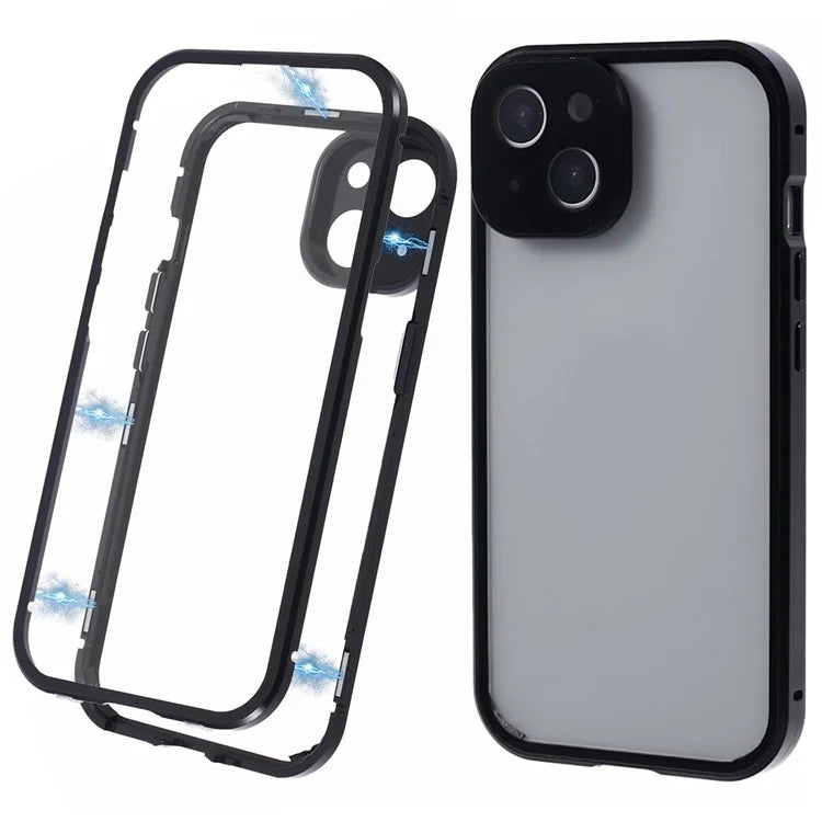 For iPhone 15 Plus Phone Case 360-Degree Double-Sided Protection Tempered Glass with Safety Lock