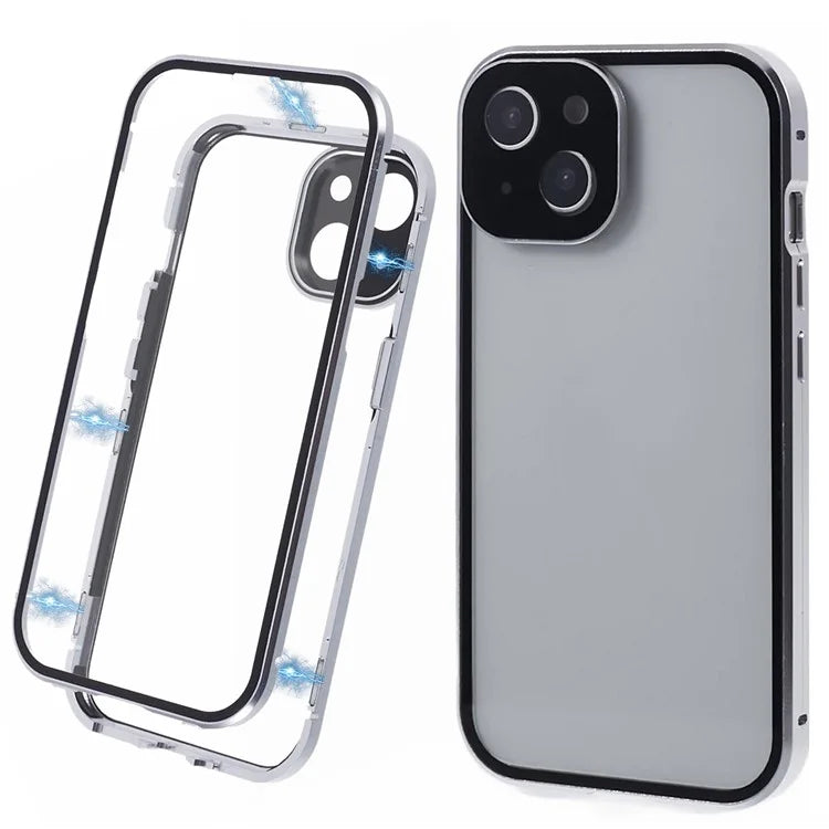 For iPhone 14 Plus Double-Sided Tempered Glass Phone Case with Magnetic Adsorption Metal Frame