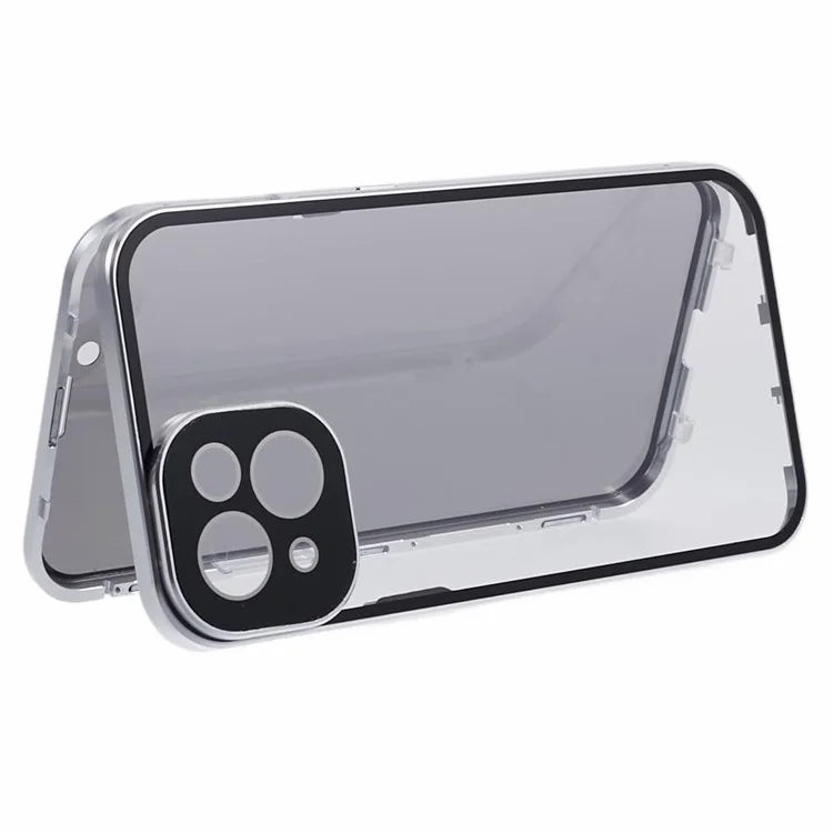 For iPhone 15 Magnetic Adsorption Case Metal Bumper Tempered Glass Privacy Cover