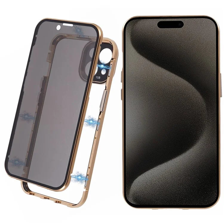 For iPhone 15 Magnetic Adsorption Case Metal Bumper Tempered Glass Privacy Cover