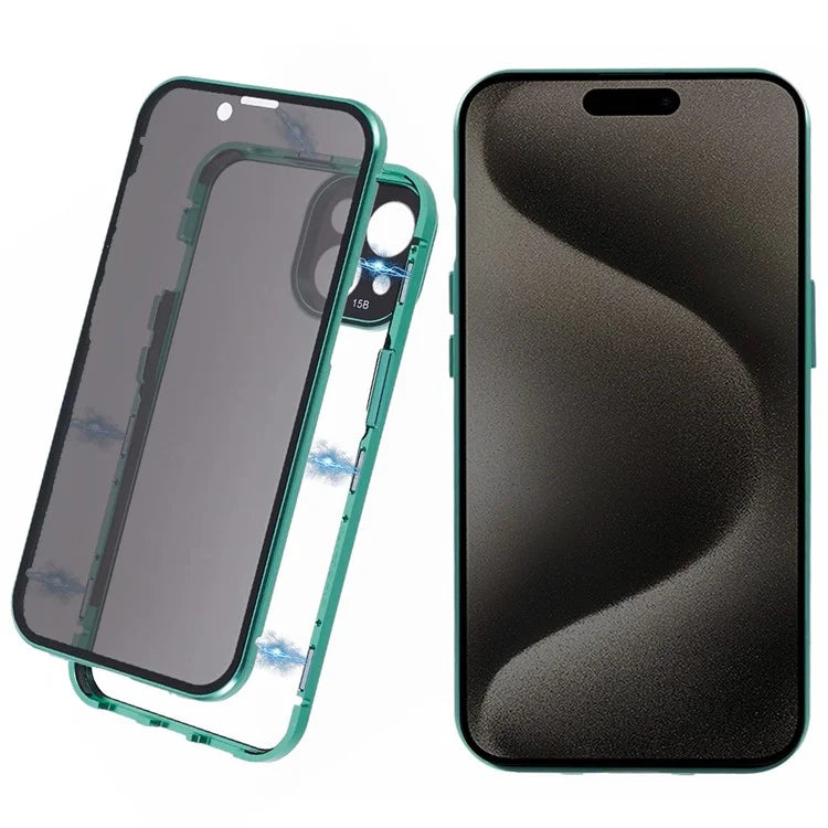 For iPhone 15 Magnetic Adsorption Case Metal Bumper Tempered Glass Privacy Cover