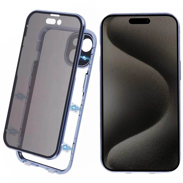For iPhone 15 Magnetic Adsorption Case Metal Bumper Tempered Glass Privacy Cover