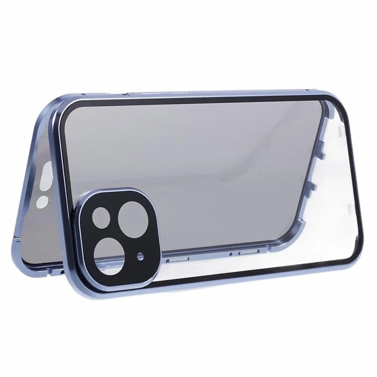 For iPhone 15 Magnetic Adsorption Case Metal Bumper Tempered Glass Privacy Cover