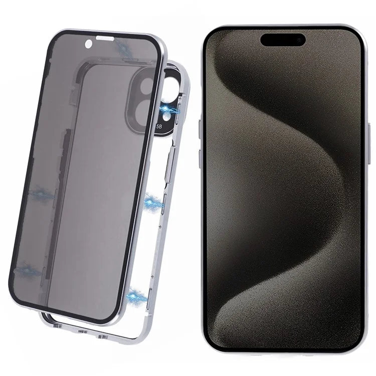 For iPhone 15 Magnetic Adsorption Case Metal Bumper Tempered Glass Privacy Cover