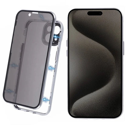 For iPhone 15 Magnetic Adsorption Case Metal Bumper Tempered Glass Privacy Cover