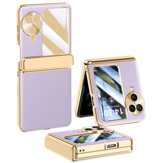 For Oppo Find N3 Flip 5G Case Leather+PC Electroplating Phone Cover with Tempered Glass Film