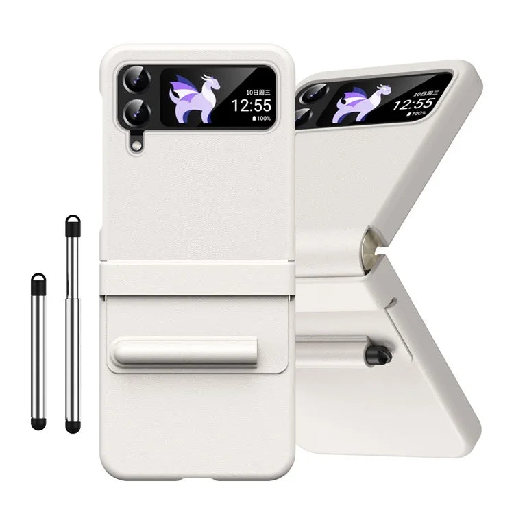 For Samsung Galaxy Z Flip3 5G / Z Flip4 5G Case Leather Hinge Protection Phone Cover with Retractable Stylus