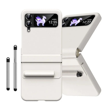 For Samsung Galaxy Z Flip3 5G / Z Flip4 5G Case Leather Hinge Protection Phone Cover with Retractable Stylus