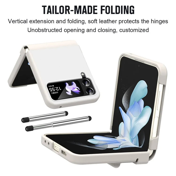 For Samsung Galaxy Z Flip3 5G / Z Flip4 5G Case Leather Hinge Protection Phone Cover with Retractable Stylus