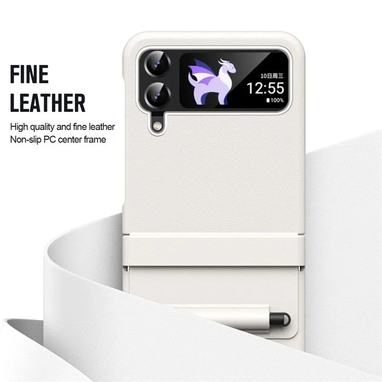 For Samsung Galaxy Z Flip3 5G / Z Flip4 5G Case Leather Hinge Protection Phone Cover with Retractable Stylus