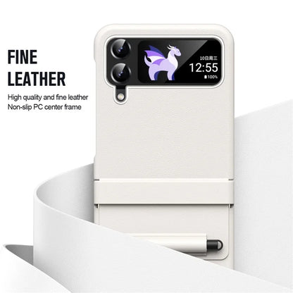 For Samsung Galaxy Z Flip3 5G / Z Flip4 5G Case Leather Hinge Protection Phone Cover with Retractable Stylus