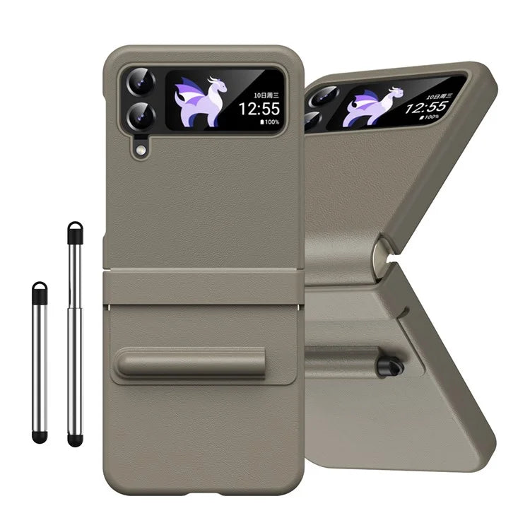 For Samsung Galaxy Z Flip3 5G / Z Flip4 5G Case Leather Hinge Protection Phone Cover with Retractable Stylus