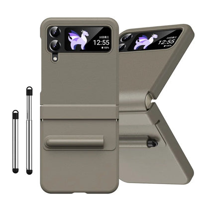 For Samsung Galaxy Z Flip3 5G / Z Flip4 5G Case Leather Hinge Protection Phone Cover with Retractable Stylus