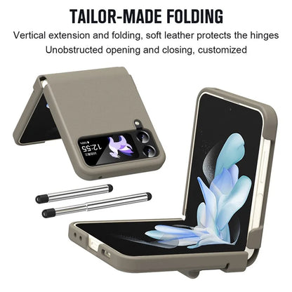 For Samsung Galaxy Z Flip3 5G / Z Flip4 5G Case Leather Hinge Protection Phone Cover with Retractable Stylus