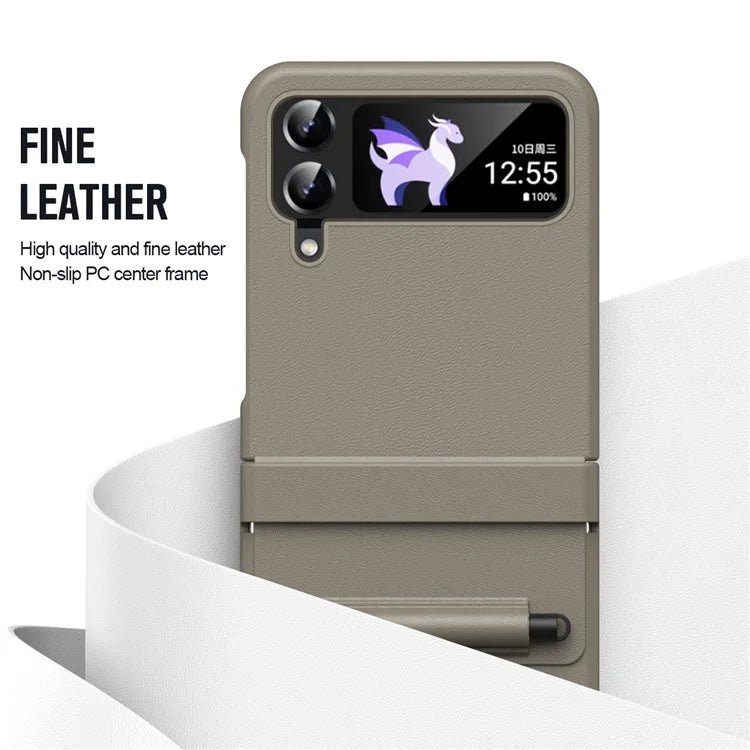 For Samsung Galaxy Z Flip3 5G / Z Flip4 5G Case Leather Hinge Protection Phone Cover with Retractable Stylus