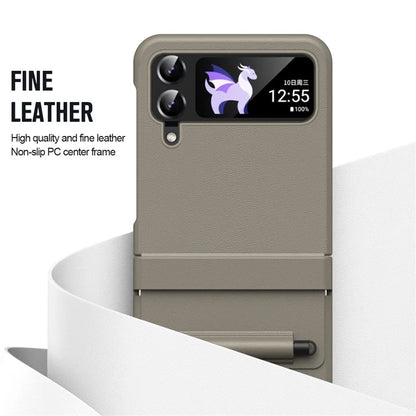 For Samsung Galaxy Z Flip3 5G / Z Flip4 5G Case Leather Hinge Protection Phone Cover with Retractable Stylus