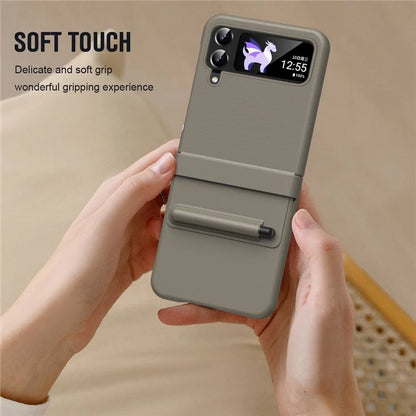 For Samsung Galaxy Z Flip3 5G / Z Flip4 5G Case Leather Hinge Protection Phone Cover with Retractable Stylus