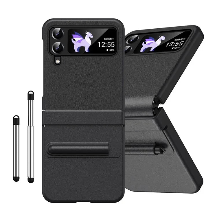 For Samsung Galaxy Z Flip3 5G / Z Flip4 5G Case Leather Hinge Protection Phone Cover with Retractable Stylus