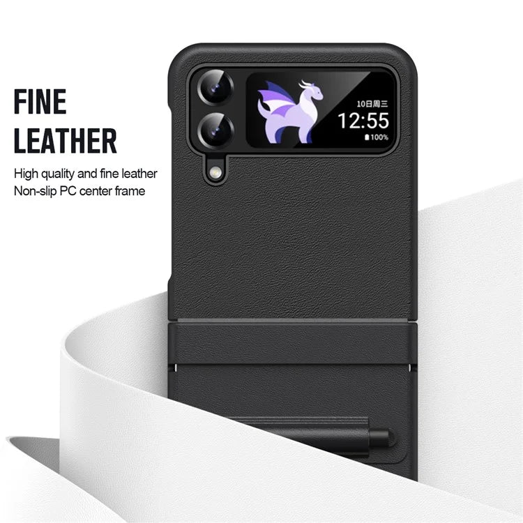 For Samsung Galaxy Z Flip3 5G / Z Flip4 5G Case Leather Hinge Protection Phone Cover with Retractable Stylus