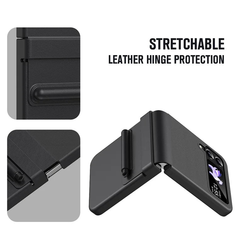 For Samsung Galaxy Z Flip3 5G / Z Flip4 5G Case Leather Hinge Protection Phone Cover with Retractable Stylus