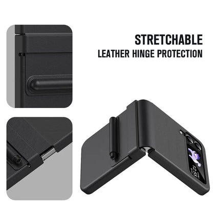For Samsung Galaxy Z Flip3 5G / Z Flip4 5G Case Leather Hinge Protection Phone Cover with Retractable Stylus