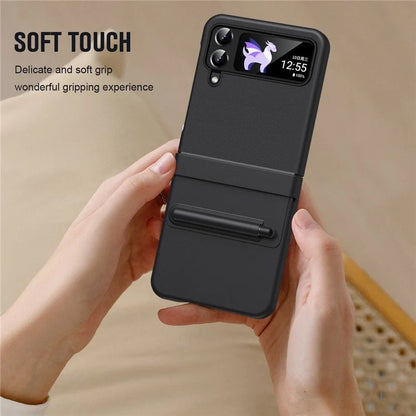For Samsung Galaxy Z Flip3 5G / Z Flip4 5G Case Leather Hinge Protection Phone Cover with Retractable Stylus