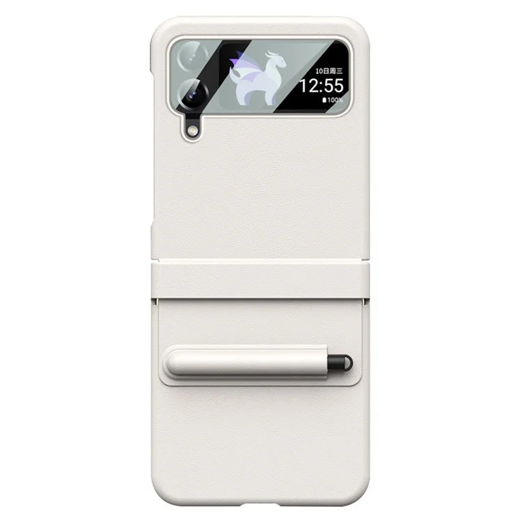 For Samsung Galaxy Z Flip3 5G / Z Flip4 5G Case Leather Hinge Protection Cover with Tempered Glass Film and Stylus