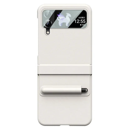 For Samsung Galaxy Z Flip3 5G / Z Flip4 5G Case Leather Hinge Protection Cover with Tempered Glass Film and Stylus