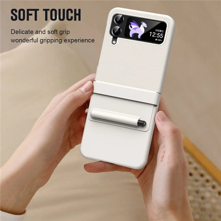 For Samsung Galaxy Z Flip3 5G / Z Flip4 5G Case Leather Hinge Protection Cover with Tempered Glass Film and Stylus
