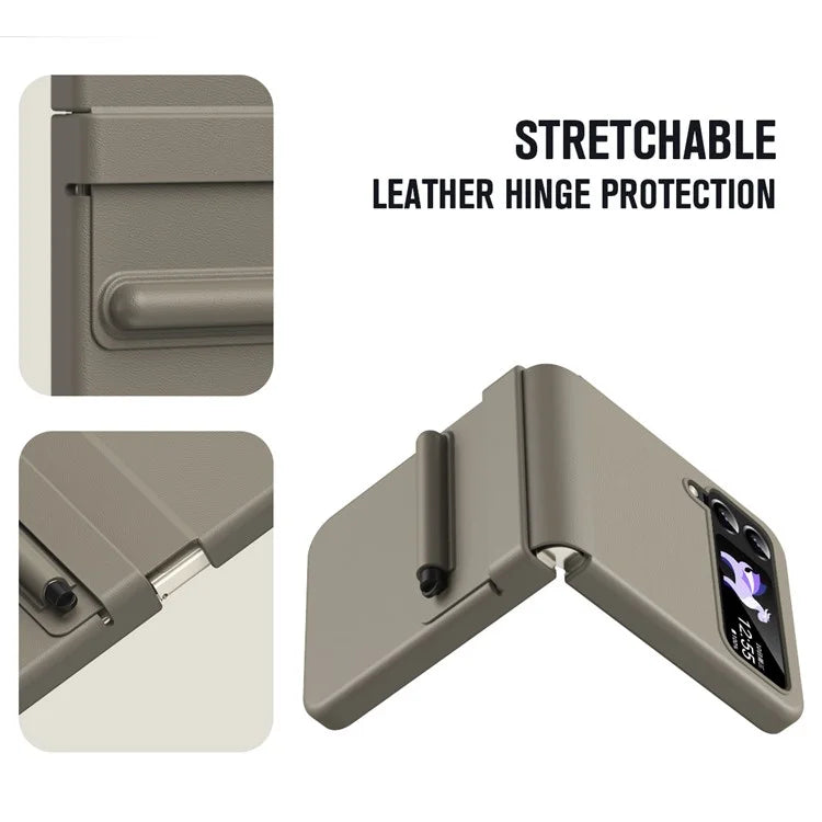 For Samsung Galaxy Z Flip3 5G / Z Flip4 5G Case Leather Hinge Protection Cover with Tempered Glass Film and Stylus