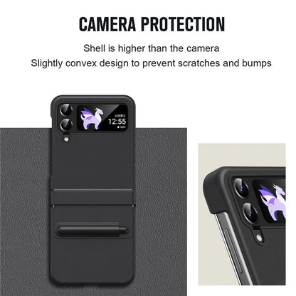 For Samsung Galaxy Z Flip3 5G / Z Flip4 5G Case Leather Hinge Protection Cover with Tempered Glass Film and Stylus