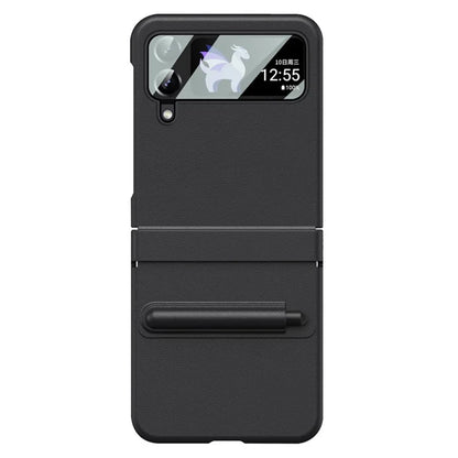 For Samsung Galaxy Z Flip3 5G / Z Flip4 5G Case Leather Hinge Protection Cover with Tempered Glass Film and Stylus