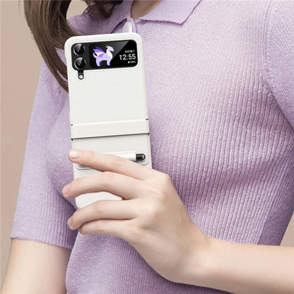 For Samsung Galaxy Z Flip3 5G / Z Flip4 5G Case Leather Hinge Protection Cover with Tempered Glass Film and Stylus