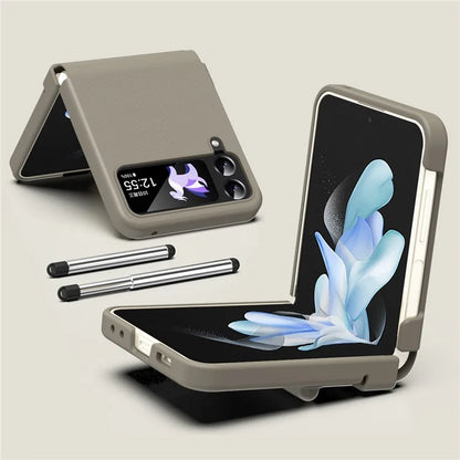 For Samsung Galaxy Z Flip3 5G / Z Flip4 5G Case Leather Hinge Protection Cover with Tempered Glass Film and Stylus