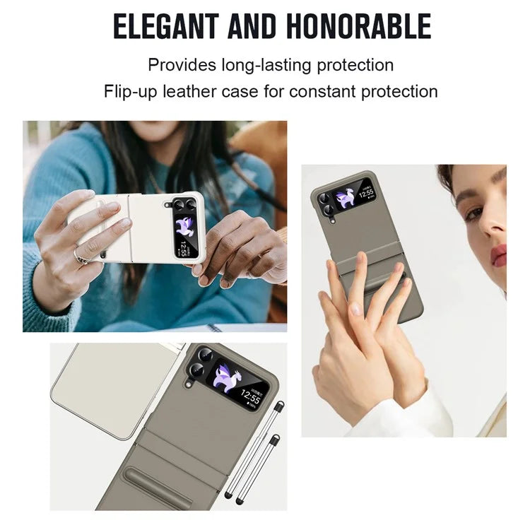 For Samsung Galaxy Z Flip3 5G / Z Flip4 5G Case Leather Hinge Protection Cover with Tempered Glass Film and Stylus