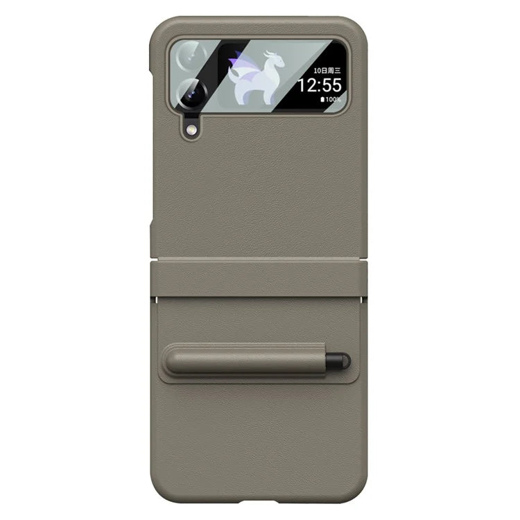 For Samsung Galaxy Z Flip3 5G / Z Flip4 5G Case Leather Hinge Protection Cover with Tempered Glass Film and Stylus