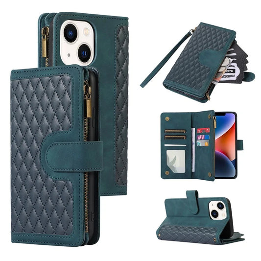 For iPhone 14 Plus Phone Cover Zipper Pocket Anti-drop 9 Card Slots Wallet Stand Case
