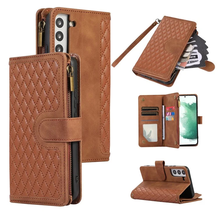 For Samsung Galaxy S21 5G / S21 4G Case 9 Card Slots Zipper Pocket Phone Cover with Wrist+Shoulder Straps