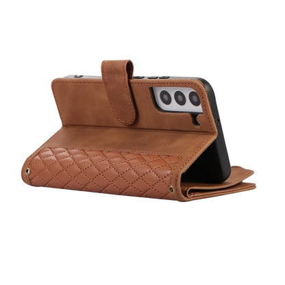 For Samsung Galaxy S21 5G / S21 4G Case 9 Card Slots Zipper Pocket Phone Cover with Wrist+Shoulder Straps