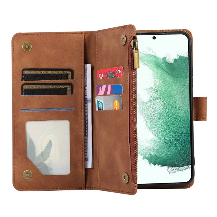 For Samsung Galaxy S21 5G / S21 4G Case 9 Card Slots Zipper Pocket Phone Cover with Wrist+Shoulder Straps
