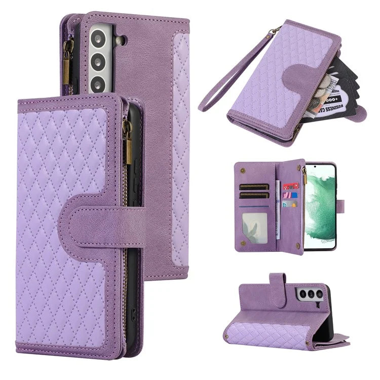 For Samsung Galaxy S21 5G / S21 4G Case 9 Card Slots Zipper Pocket Phone Cover with Wrist+Shoulder Straps