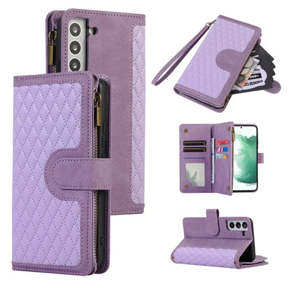 For Samsung Galaxy S21 5G / S21 4G Case 9 Card Slots Zipper Pocket Phone Cover with Wrist+Shoulder Straps