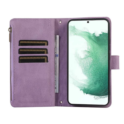 For Samsung Galaxy S21 5G / S21 4G Case 9 Card Slots Zipper Pocket Phone Cover with Wrist+Shoulder Straps