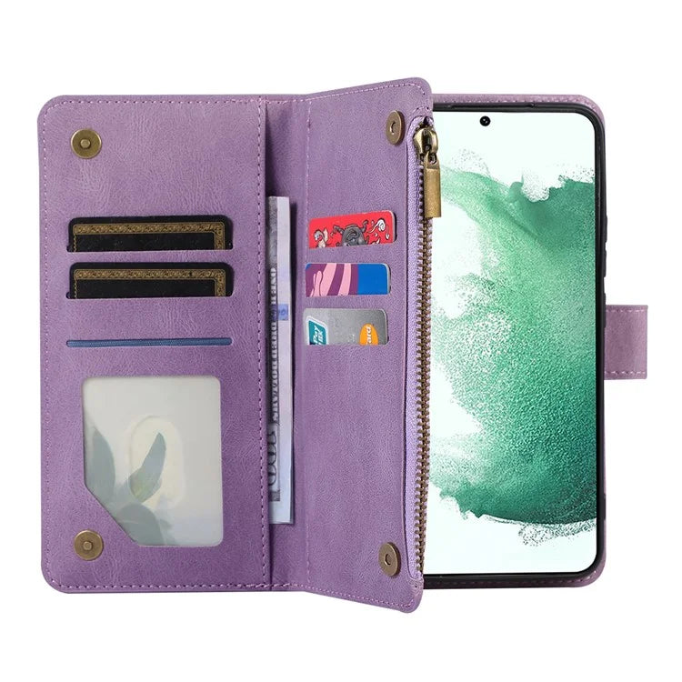 For Samsung Galaxy S21 5G / S21 4G Case 9 Card Slots Zipper Pocket Phone Cover with Wrist+Shoulder Straps